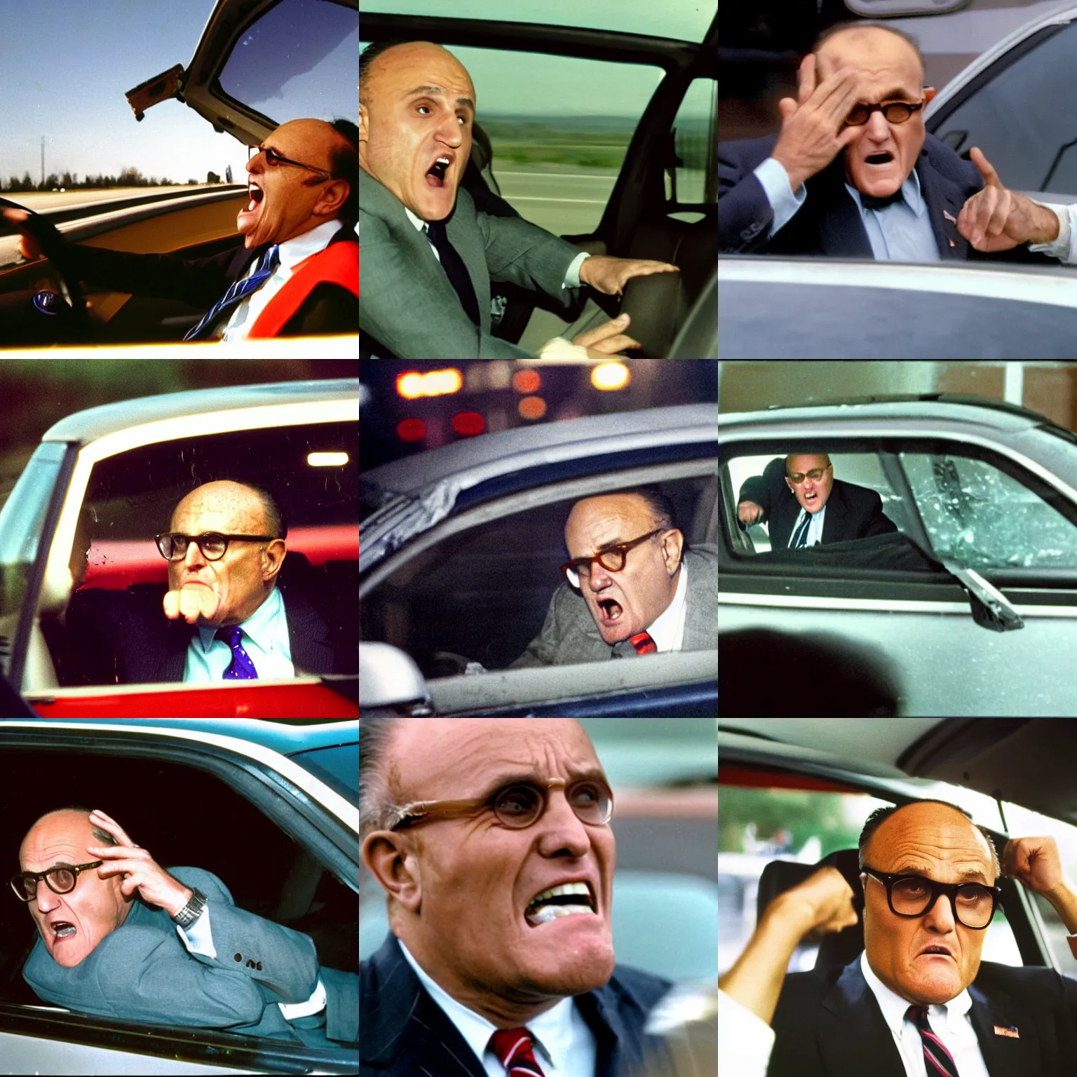 Prompt: wide shot film color photograph of rudy giuliani very drunk and angry, he is screaming as he flies through his windshield with shattering glass during a 100mph car crash on the freeway