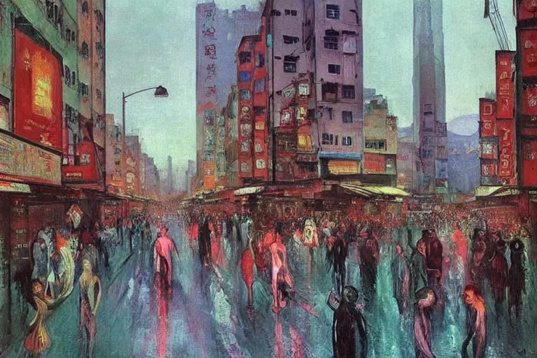 Image similar to dream festival in a city, low angle view from a city street lined with shops and apartments, glowing street signs, revelers playing games and shopping at a night market, oil painting by edvard munch, beksinski, city like hong kong, tokyo, barcelona