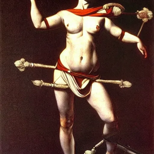 Prompt: full body painting of a muscular female greek warrior, by caravaggio