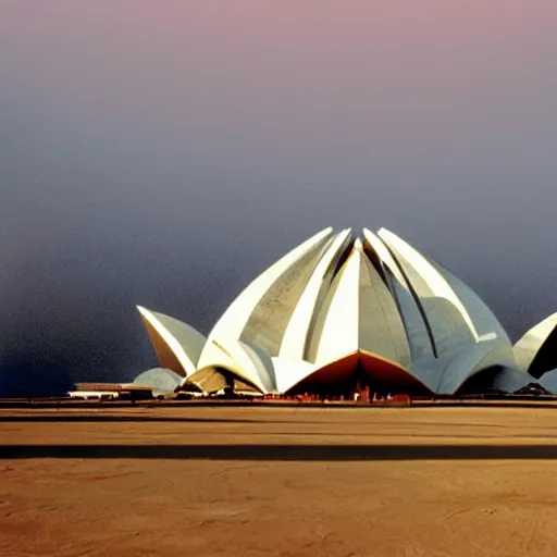 Image similar to futuristic lotus temple with gold, red and white marble panels, in the desert, by buckminster fuller and syd mead, intricate contemporary architecture, photo journalism, photography, cinematic, national geographic photoshoot