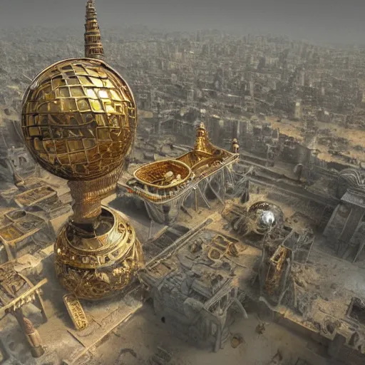 Prompt: hyper detailed hardsurface modelled 3 d geometry, houdini destruction of aminimalist design temple, tarnished gold sphere is far far in the distance, deep perspective, wide angle, insanely detailed and intricate,, eal, gold, silver red, paradise hospital environment,