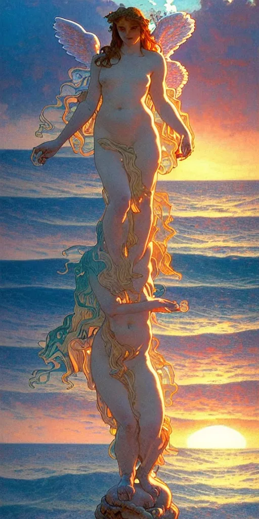 Image similar to ocean wave around ancient angel statue, lsd water, dmt ripples, backlit, sunset, refracted lighting, art by collier, albert aublet, krenz cushart, artem demura, alphonse mucha