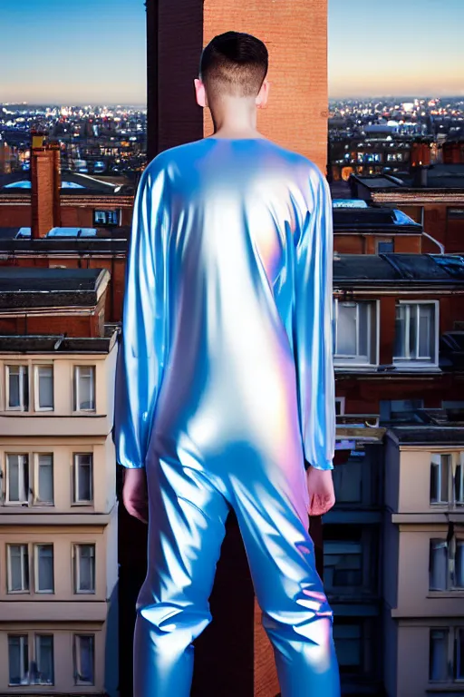 Prompt: un ultra high definition studio quality photographic art portrait of a young man standing on the rooftop of a british apartment building wearing soft baggy inflatable padded silver iridescent pearlescent clothing. three point light. extremely detailed. golden ratio, ray tracing, volumetric light, shallow depth of field. set dressed.