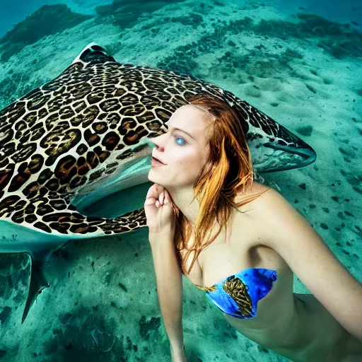 Prompt: masterpiece full body portrait of a beautiful woman swimming with a leopard shark, dynamic lighting,, national geographic, stunning