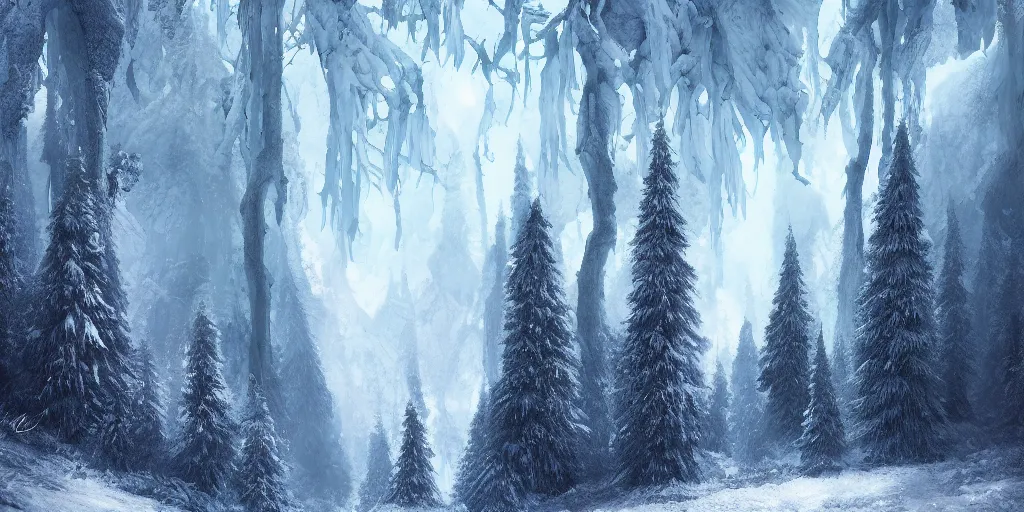 Image similar to landscape portrait f a mile high ice wall, dividing a wintery forest, fantasy, digital art, trending on artstation