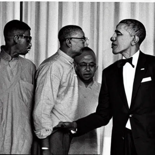 Image similar to Barack Obama having a rap battle against Ghandi, historical photo, 1962