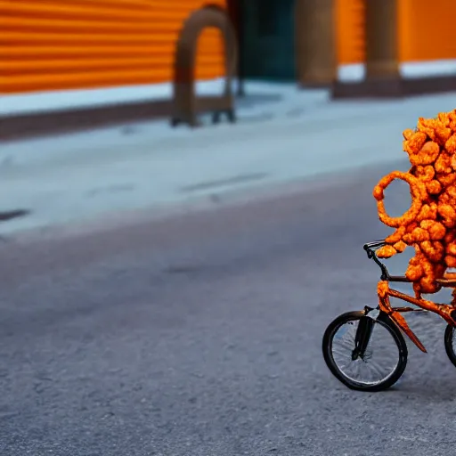 Image similar to a bycycle made of cheeto, cinematic lighting, hd 4 k photo