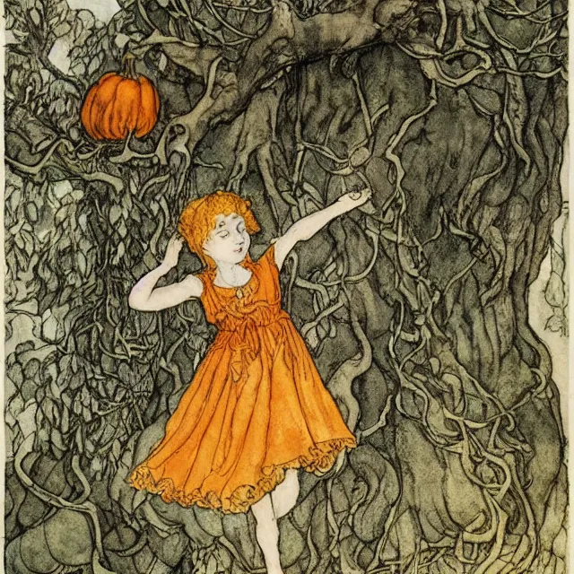 Image similar to a detailed, intricate watercolor and ink illustration with fine lines, of a young girl in a dress climbing a gnarled tree in a pumpkin patch, by arthur rackham and edmund dulac