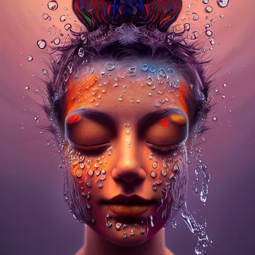 Prompt: stunning painting of transformation of the mind to purified supreme mind by rik oostenbroek, concept art, masterpiece, character art, hyperrealism, ultra detailed face and eyes, luminous water drops, cinematic, sharp focus, soft lighting, 8 k hd resolution