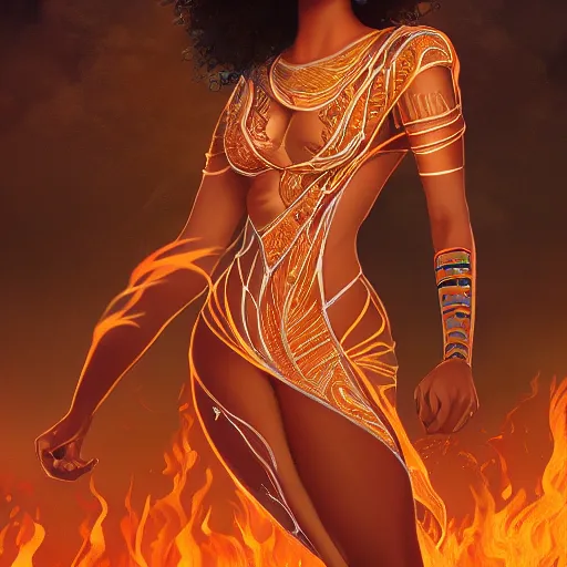 Image similar to a brown skinned woman as a firebender, brown curly hair, elegant, intricate, digital painting, artstation, concept art, smooth, sharp focus, illustration, salvador dali, ancient egypt, art deco, garden, diamonds