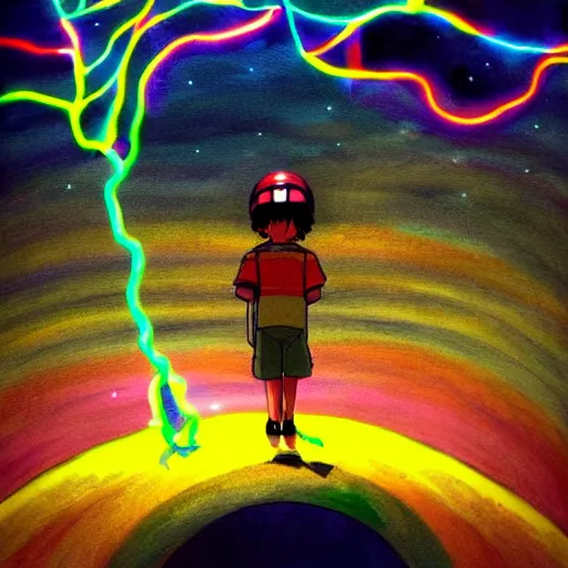 Image similar to a magic machine connected to a boy with a helmet and electric cable with colorfull rays of light illuminate the environment by vanessa morales, studio ghibli,