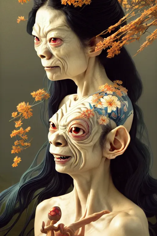 Image similar to clear portrait of gollum dressed as a japanese geisha, background hyper detailed, character concept, full body, dynamic pose, glowing lights, intricate, elegant, highly detailed, digital painting, artstation, concept art, smooth, sharp focus, illustration, art by artgerm and greg rutkowski and alphonse mucha