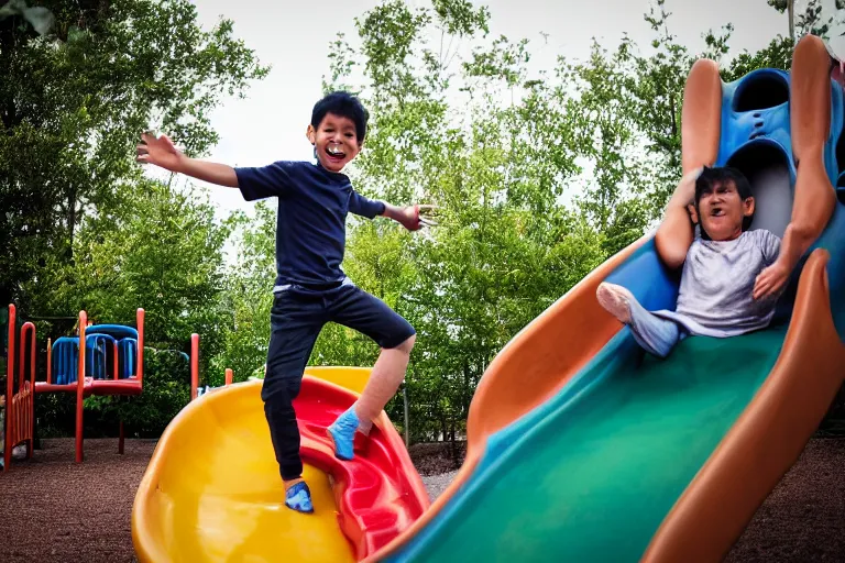 Image similar to photo of grogu going down a slide at a children’s playground, his arms are in the air and he’s smiling, shallow depth of field, Nikon 50mm f/1.8G,
