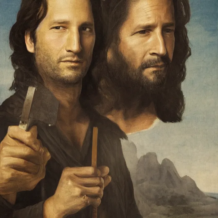 Prompt: desmond from tv show lost, henry ian cusick, early netherlandish painting