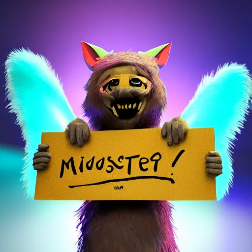 Prompt: cute furry monster holding a placard, colourful, glowing background lighting, hyper detailed, fairy tale, 4 k octane render