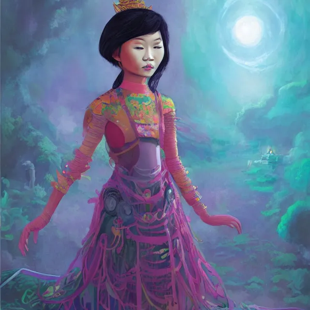 Image similar to southeast asian scifi princess of the cloud forest, wearing a lovely dress with cyberpunk details. this oil painting by the beloved children's book author has an interesting color scheme and impeccable lighting.