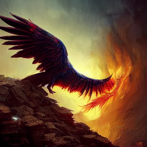 Prompt: pheonix rising from the flames by greg rutkowski, award - winning, hdr, photo realistic, surrealism