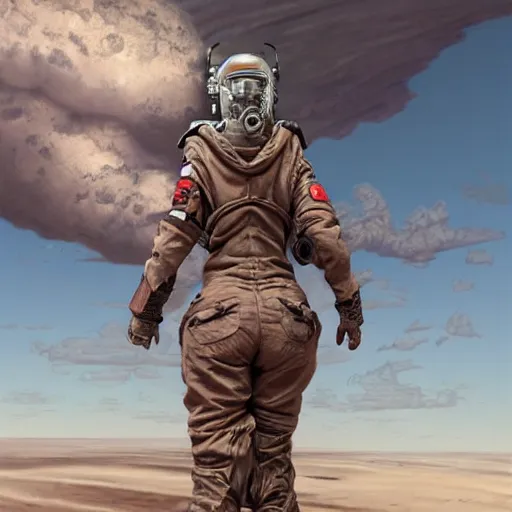 Image similar to tattooed dirty stoic butch heroic emotionless blonde woman engineer in tattered dirty flight suit, very short messy hair, victorian goggles, back pose, crossing primitive hostile alien desert, clouds of red dust, highly detailed, digital painting, artstation, concept art, matte, sharp focus, illustration, art by moebius and artgerm and greg rutkowski