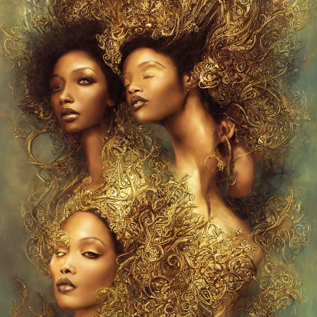 Prompt: queen, african woman, flowers, dark pastel color scheme, jugendstil background, gold filigree, by karol bak, by emil melmoth, by daniel gerhartz, intricate, highly detailed, digital painting, artstation, concept art, smooth, sharp focus, illustration