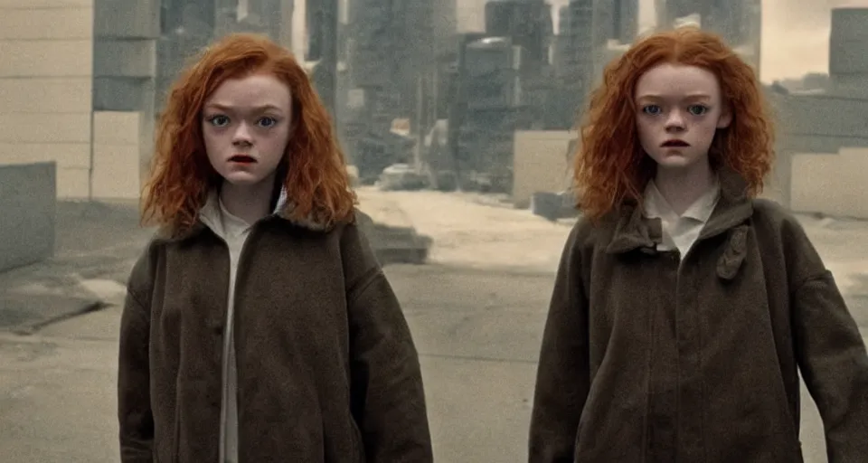 Image similar to sadie sink with very short hair in oversized man's coat : a still from a scifi dystopian cyberpunk film from 1 9 8 0 s. by steven spielberg, robert zemeckis, francis ford coppola, james cameron. 6 5 mm low grain film stock. sharp focus, realistic facial expression, perfect anatomy, global illumination, radiant light, detailed and intricate environment, trending on artstation