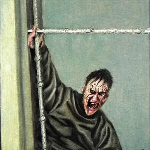 Image similar to a screaming prisoner holding prison bars, realism old painting