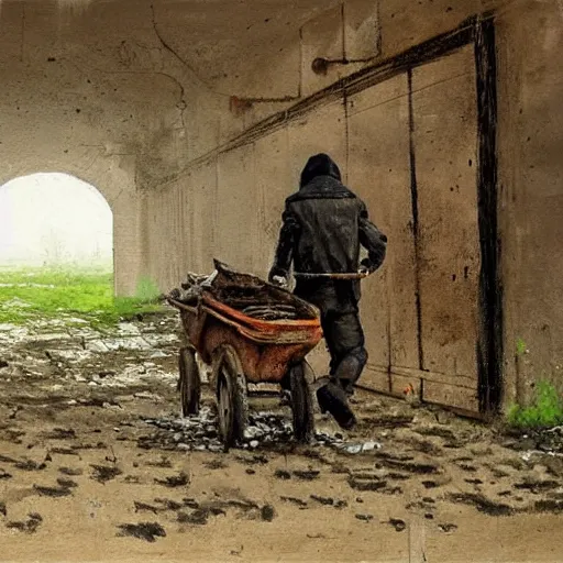 Image similar to painting by jakub rozalski of a person walking with a wheelbarrow in an abandoned post soviet town infested with root monsters