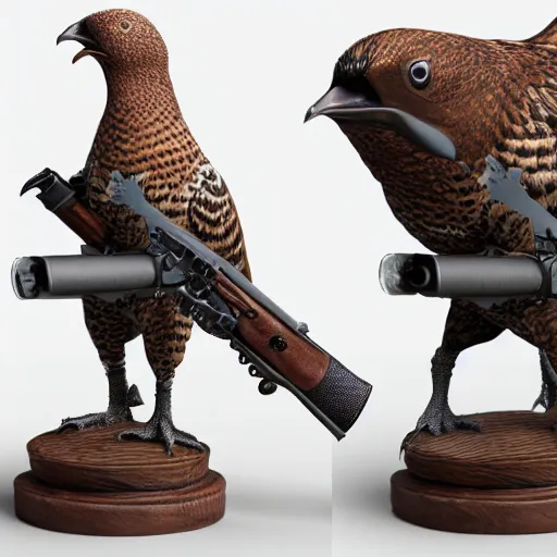 Image similar to a 3 d model of a grouse holding a blunderbuss, studio lighting, octane render, hyper detailed, product photography, 8 k, highly detailed