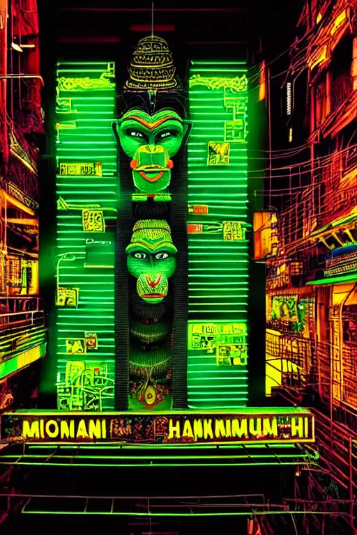 Image similar to high quality photo hyperrealistic cyberpunk hanuman head building, neon yellow madhubani, highly detailed, in sci - fi mumbai, cinematic smooth, liam wong, moody light, low angle, uhd 8 k, sharp focus