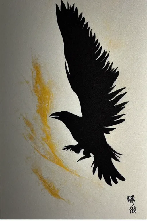 Prompt: beautiful serene smart raven, healing through motion, minimalistic golden ink airbrush painting on white background, studio ghibli