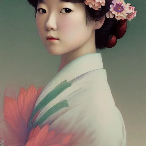 Prompt: side portrait of a young japanese woman wearing a kimono, flower crown, long hair, headshot, hyper realistic, pale skin, 4k, rule of thirds, extreme detail, detailed drawing, trending artstation, hd, fantasy, D&D, realistic lighting, by Alphonse Mucha, Greg Rutkowski, sharp focus, backlit, elegant