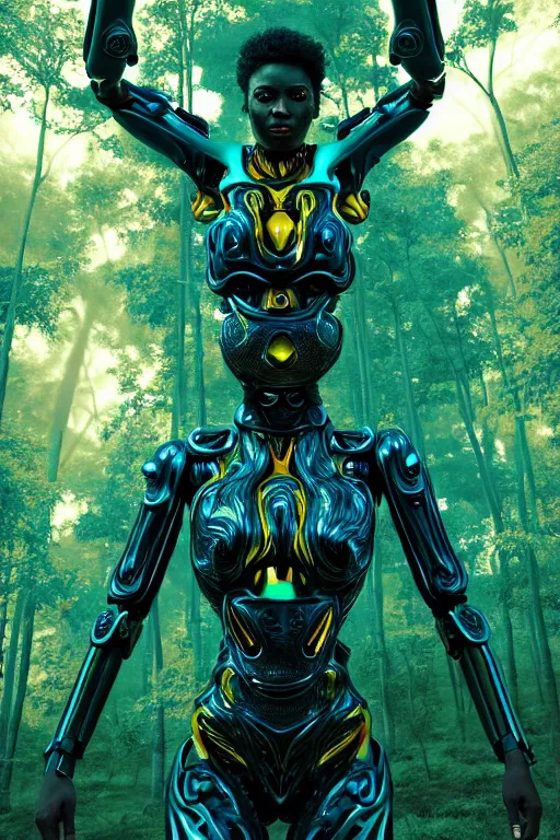 Image similar to hyperrealistic post - maximalist cinematic super expressive! black woman with exoskeleton armor, merging with tree in a forest, highly detailed digital art masterpiece, smooth cam de leon eric zener dramatic pearlescent soft teal yellow light, ground angle hd 8 k, sharp focus