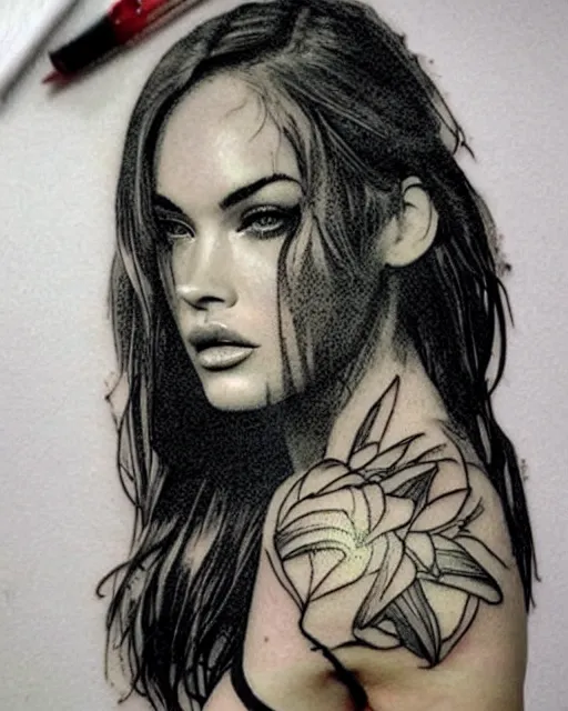 Image similar to creative double exposure effect tattoo design sketch of megan fox faded in beautiful mountain scenery, realism tattoo, in the style of matteo pasqualin, amazing detail, sharp