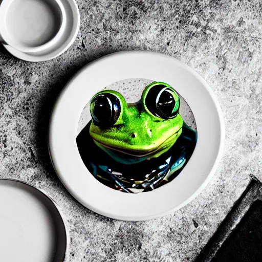 Prompt: frog hovering over a plate with black milk, polaroid photography in style of andrey tarkovski, paranormal, spiritual, mystical, sublime