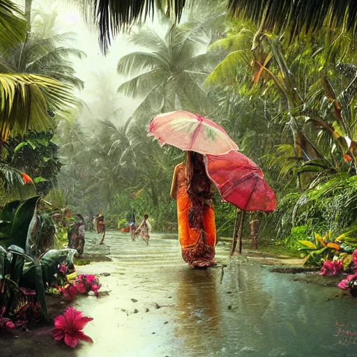 Image similar to tropical island, ornate, beautiful, atmosphere, vibe, mist, coconuts, rain, wet, pristine, puddles, melting, dripping, snow, creek, lush, ice, bridge, forest, roses, flowers, by stanley artgerm lau, greg rutkowski, thomas kindkade, alphonse mucha, loish, norman rockwell