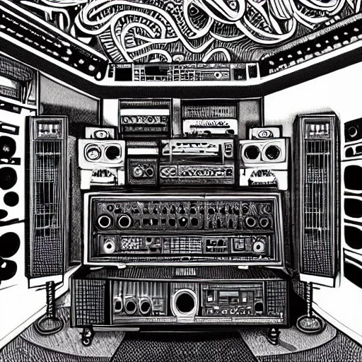 Prompt: intricate illustration of a music studio full of vintage machines and sub woofers, Giger style, jodorowsky