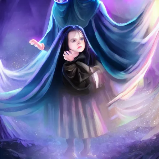 Image similar to mysterious girl child with her long black hair dressed in a chequered robe, chequered cape, carrying blue very big magical crystal, epic scene, atmospheric, surrounded by magical light, digital art, hd, 4 k, hyper detailed