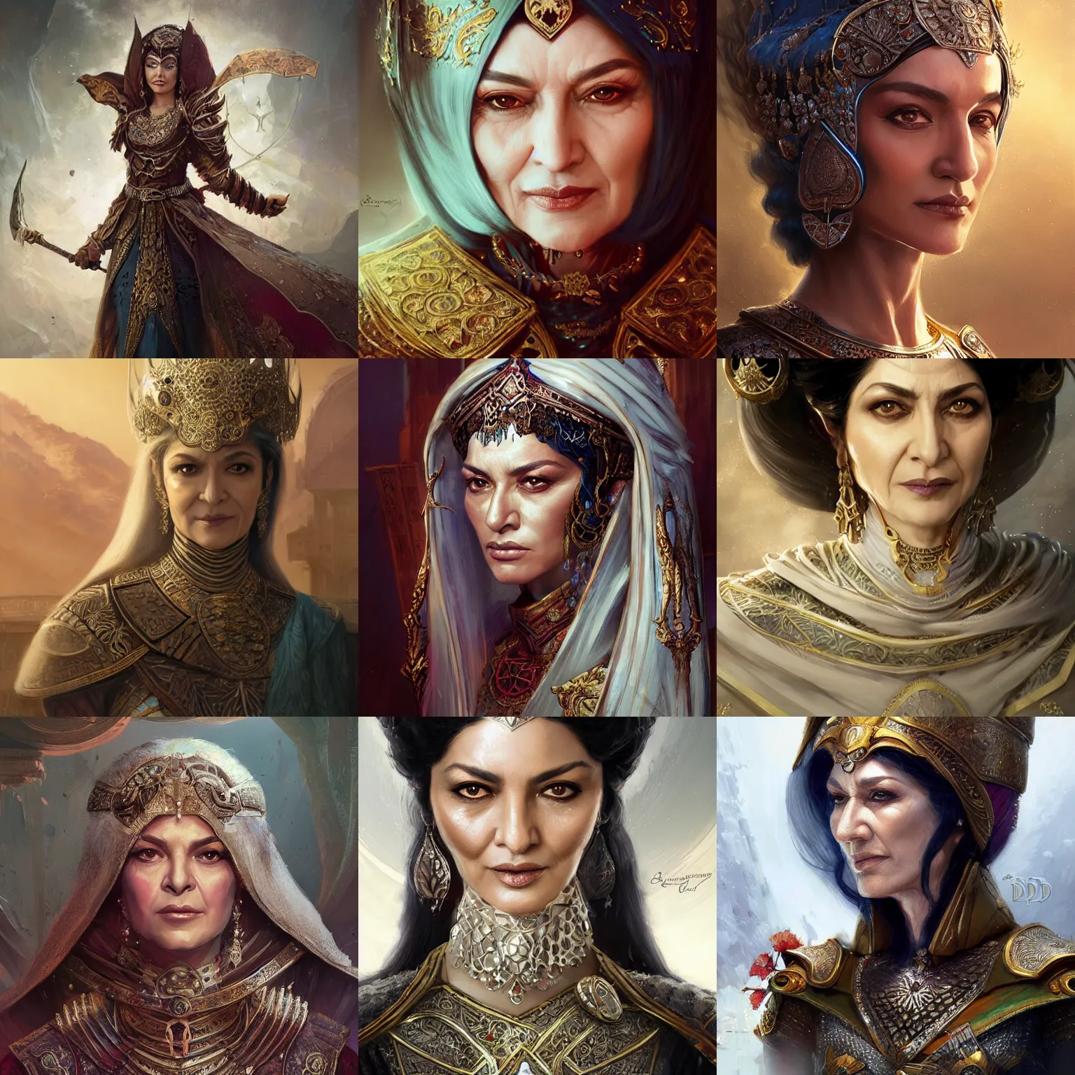 Image similar to old persian empress, shohreh aghdashloo, d & d, fantasy, portrait, highly detailed, digital painting, trending on artstation, concept art, sharp focus, illustration, art by artgerm and greg rutkowski and magali villeneuve