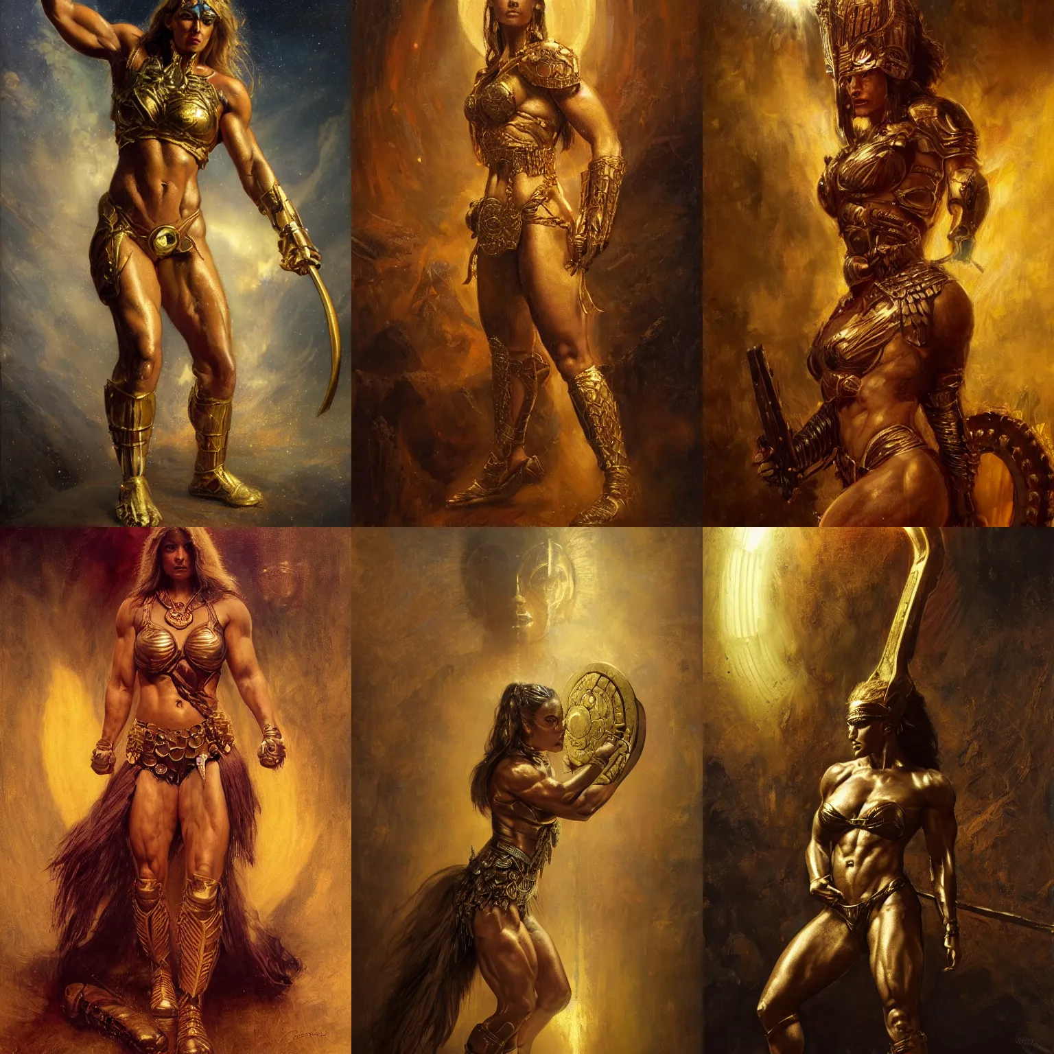 Prompt: handsome portrait of a spartan woman bodybuilder posing, radiant light, caustics, war hero, psychedelic dmt, by gaston bussiere, bayard wu, greg rutkowski, giger, maxim verehin, golden halo, golden shining eyes, simple golden armour,