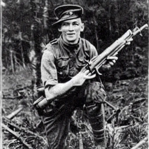 Image similar to old wartime photograph of crash bandicoot holding a lewis gun, 1 9 1 7