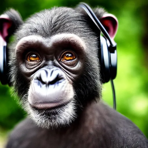 Image similar to a high quality photo of a green chimp wearing headphones, realism, 8k