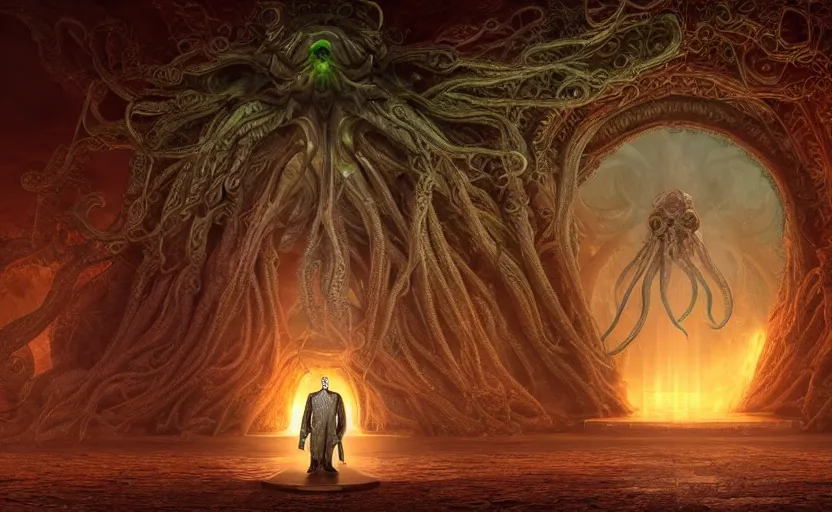 Prompt: priest in front of singular portal hell gate a realistic lovecraft cthulhu creature, filaments, translucent, photorealistic, hyperrealism, high resolution, ultra - detailed, by marc simonetti, natural volumetric lighting, realistic 4 k octane beautifully detailed render, 4 k post, vivid colors