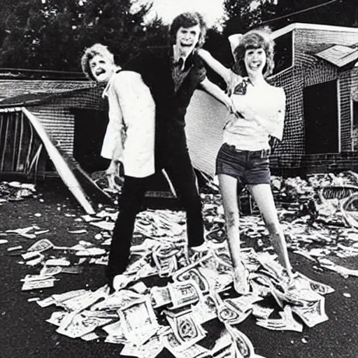 Prompt: 1 9 8 0 s newspaper photo of : they were careless people, tom and daisy - they smashed up things and creatures and then retreated back into their money or their vast carelessness or whatever it was that kept them together, and let other people clean up the mess they had made.