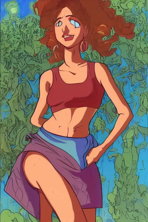 Image similar to portrait of an attractive young female protagonist, center focus, ponytail, skirt, tank - top, in city street, detailed face, artwork by ralph bakshi