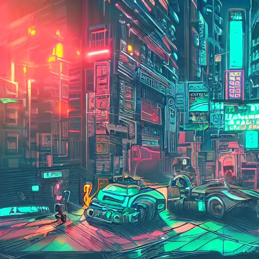 Prompt: robot corgi in a post - apocalyptic cityscape, dystopian, cyberpunk, detailed digital illustration, neon lights