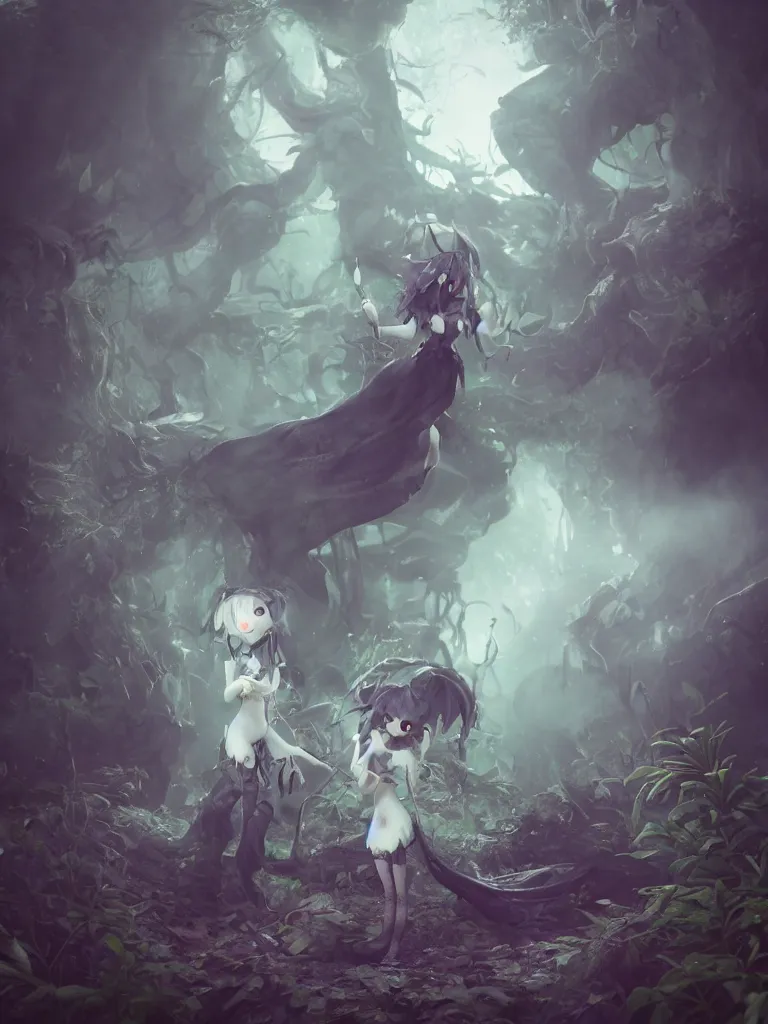 Image similar to cute fumo plush of a frail cursed witch girl wandering the depths of the forbidden jungle, gothic wraith maiden, wispy smoke and volumetric fog, beyond the mirror, filmic, symmetric beauty, vignette, vray