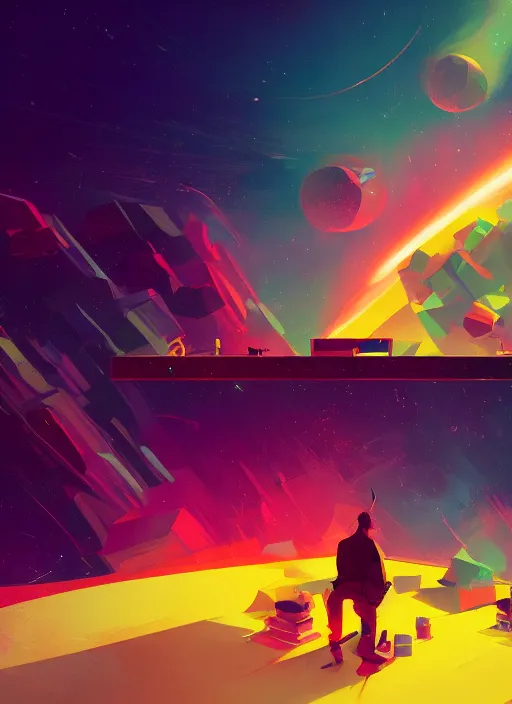 Image similar to Man djing in front of the universe, digital art, dynamic lighting, hyper detailed, artstation, golden ratio, by Anton Fadeev and greg rutkowski, 4K