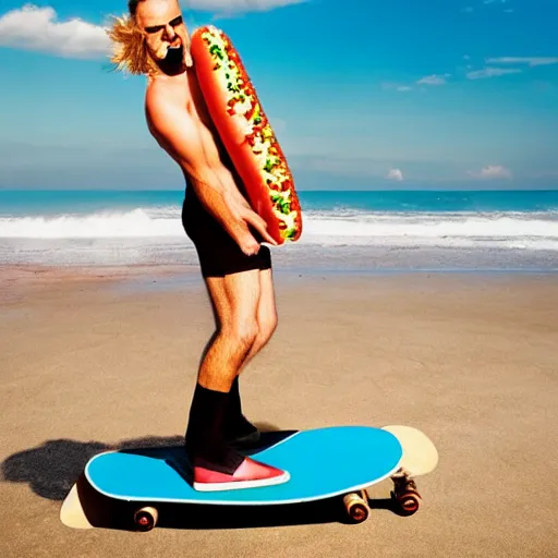 Image similar to man skateboards on a hot dog on a beautiful sunny beach, award winning photo of the year