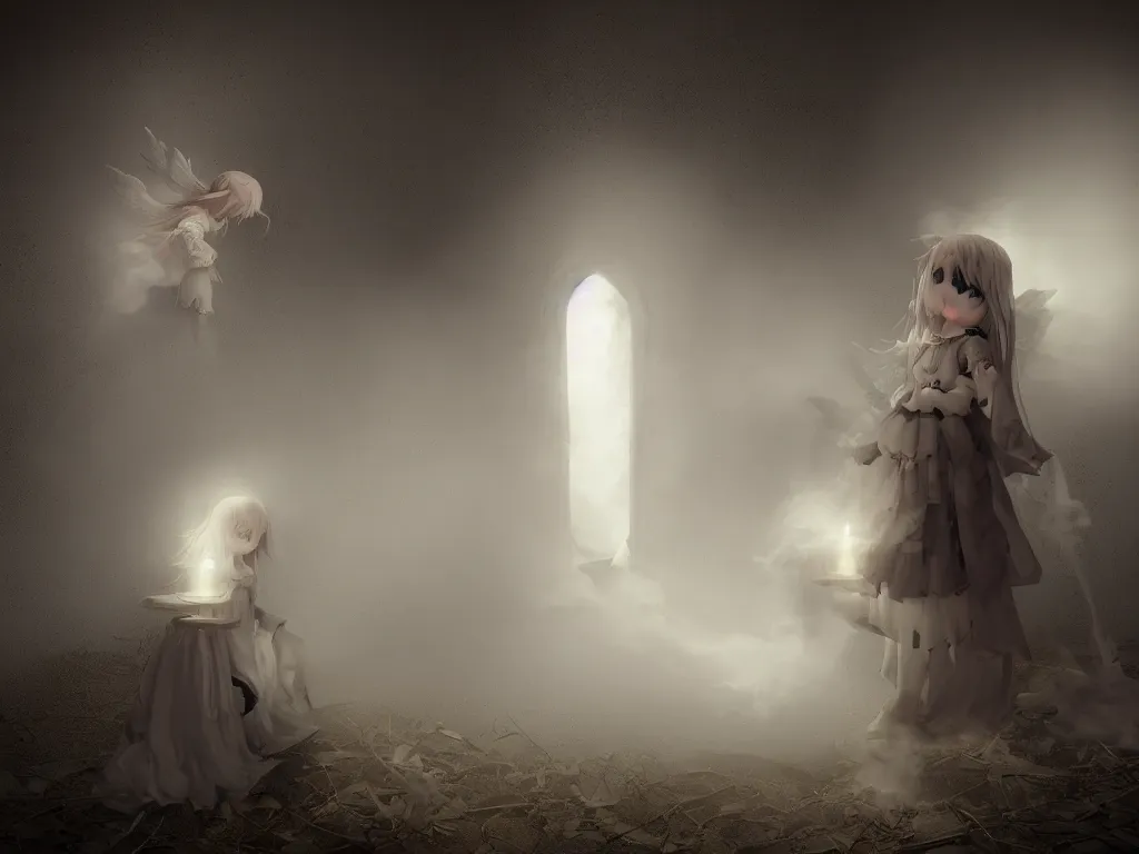 Image similar to cute fumo plush gothic angel maiden girl ghost wraith making an apparition in an abandoned watchtower, wisps of smoke and glowing volumetric fog, vignette, orthographic, vray