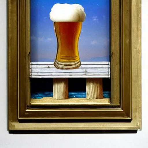 Prompt: A pint of beer sitting on a bar as painted by Joseph Cornell