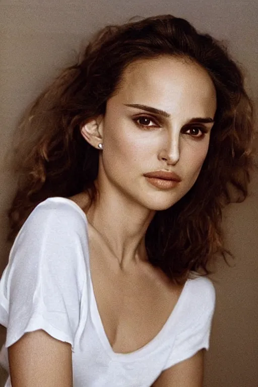 Prompt: 23 year old natalie portman, loose messy hair , thoughtful eyes, wearing a thin white skimpy cotton camisole, pale skin, poised beautiful body, symmetrical face, zen aesthetic, interior design, amber and blue color scheme, sophisticated, pensive, contemplation, meditation, aloof, ethereal, realistic painting